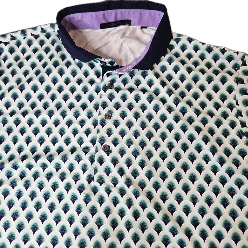 Greyson Men's Golf Polo Shirt Size XL Blue Green Crescent‎ Pattern